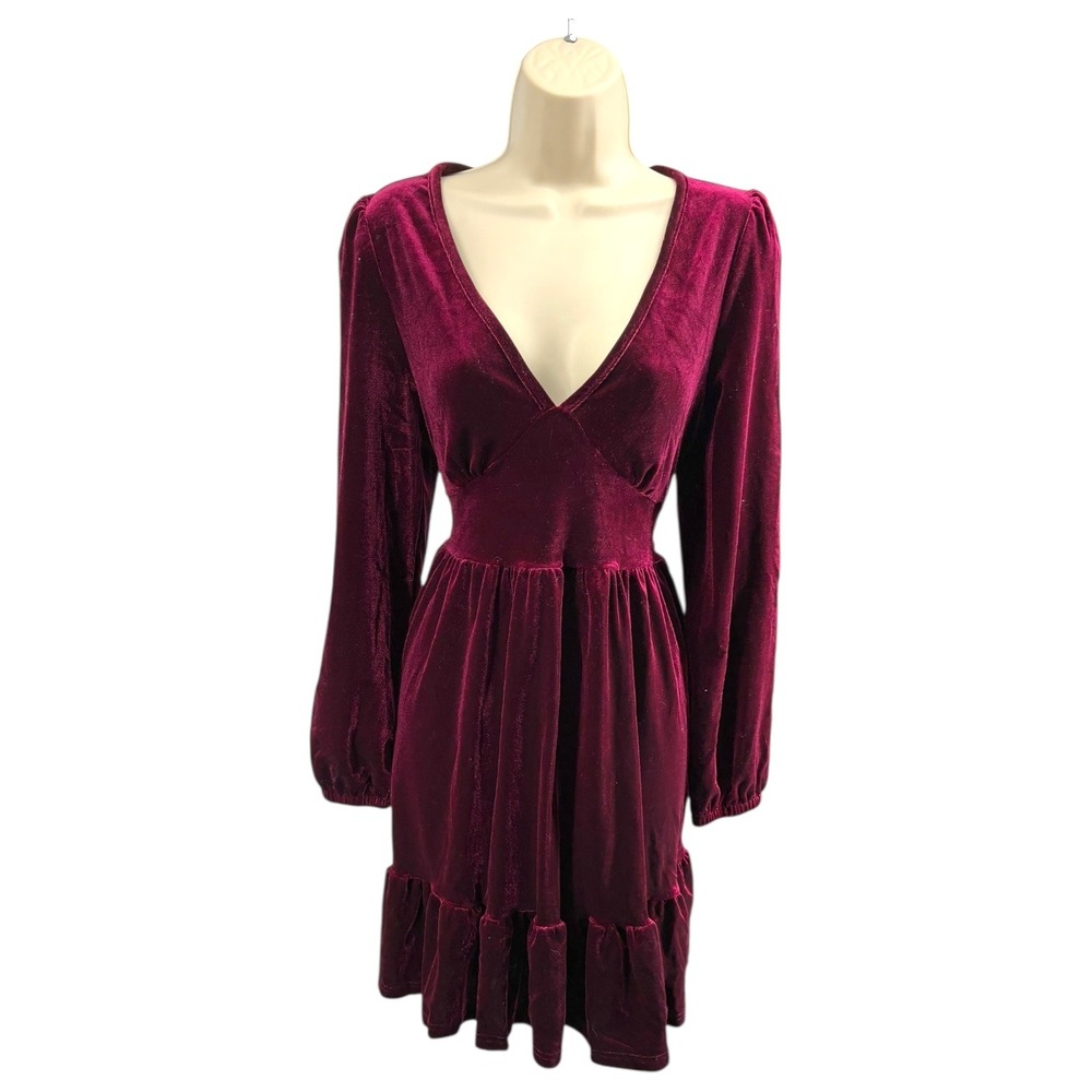 HALARA Burgundy Velvet V Neck Long Sleeve Mini Dress Womens M‎ Ruffle Hem